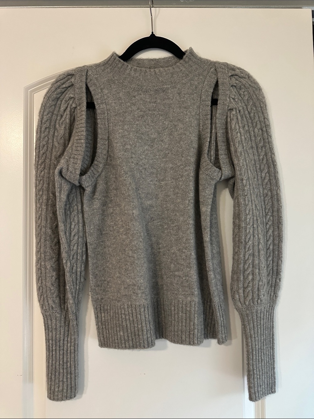 Cashmere Gray Cable‑Sleeve Cold‑Shoulder Sweater
